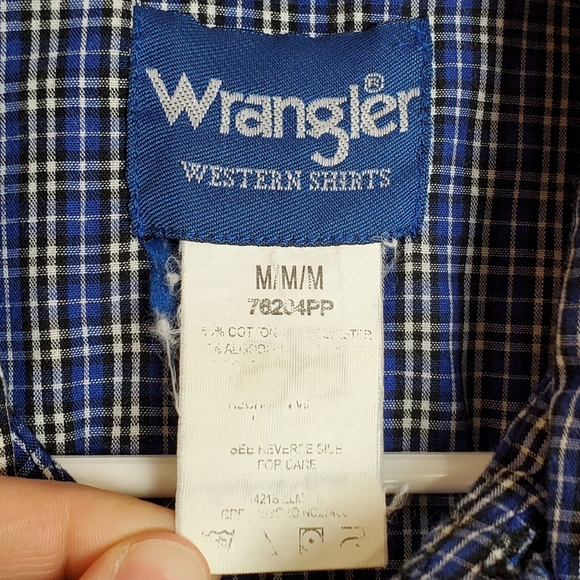 Mens Wrangler Blue Plaid Short Sleeve Pearl Snap Button Down M - Picture 5 of 6